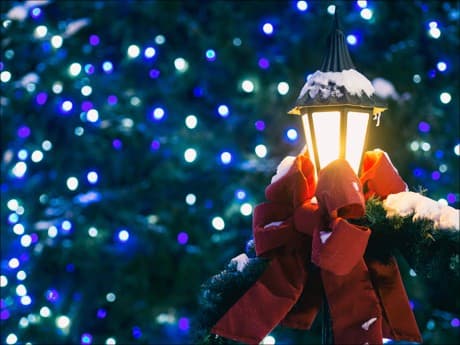 outdoor lamp covered with red bows